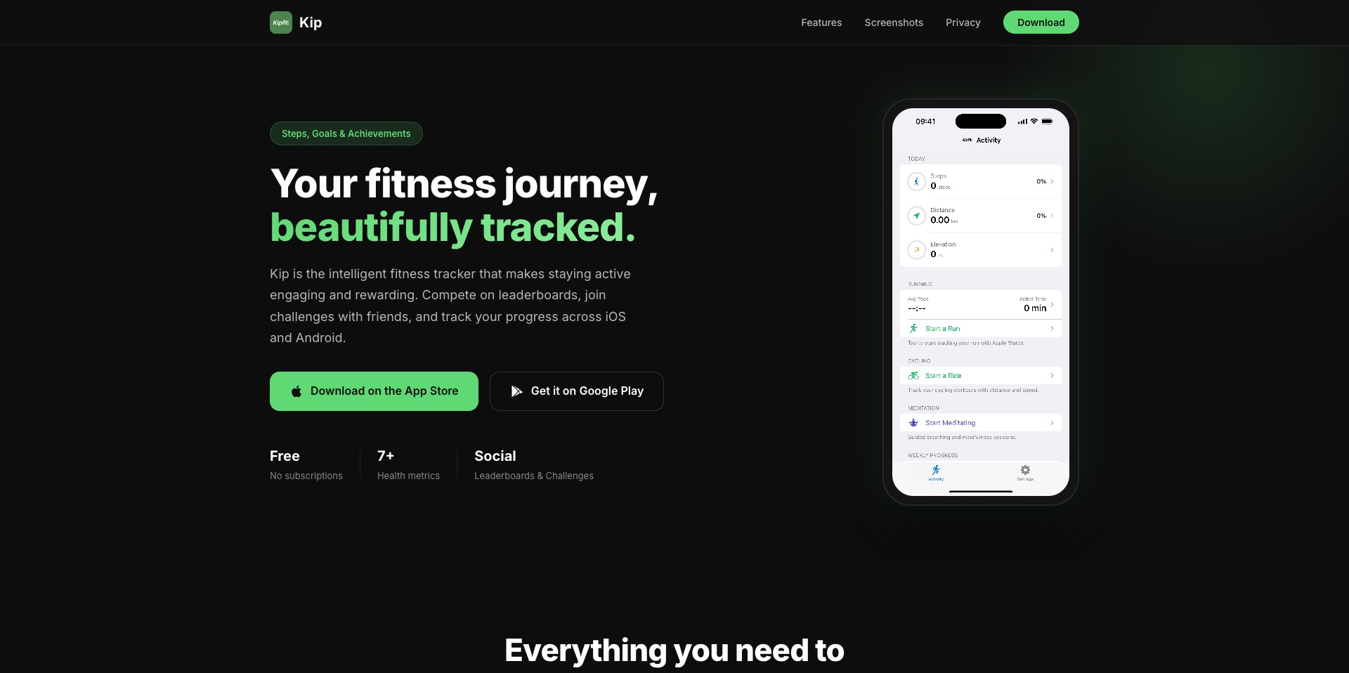 Kip fitness website preview with a mobile app screen