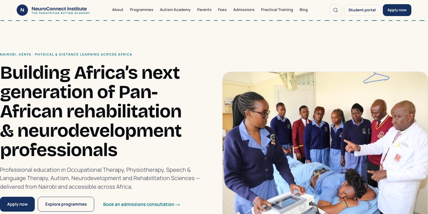 The NeuroConnect Institute homepage: the headline Building Africa’s next generation of Pan-African rehabilitation and neurodevelopment professionals, Apply now and Explore programmes buttons, and a photo of students in practical training